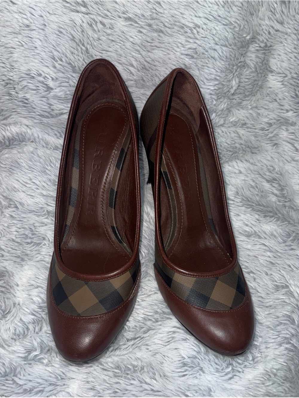Burberry Brown Leather Plaid Pointed-Toe Pumps